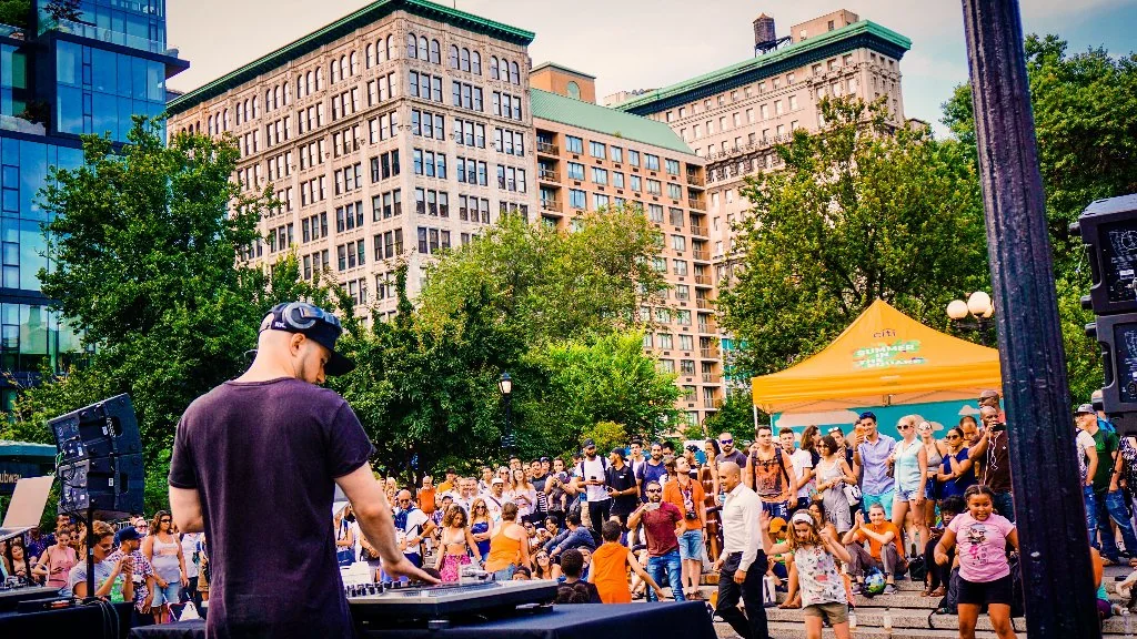 B.MILLS performing for the Citi Summer in the Square brand activation in Union Square, New York City