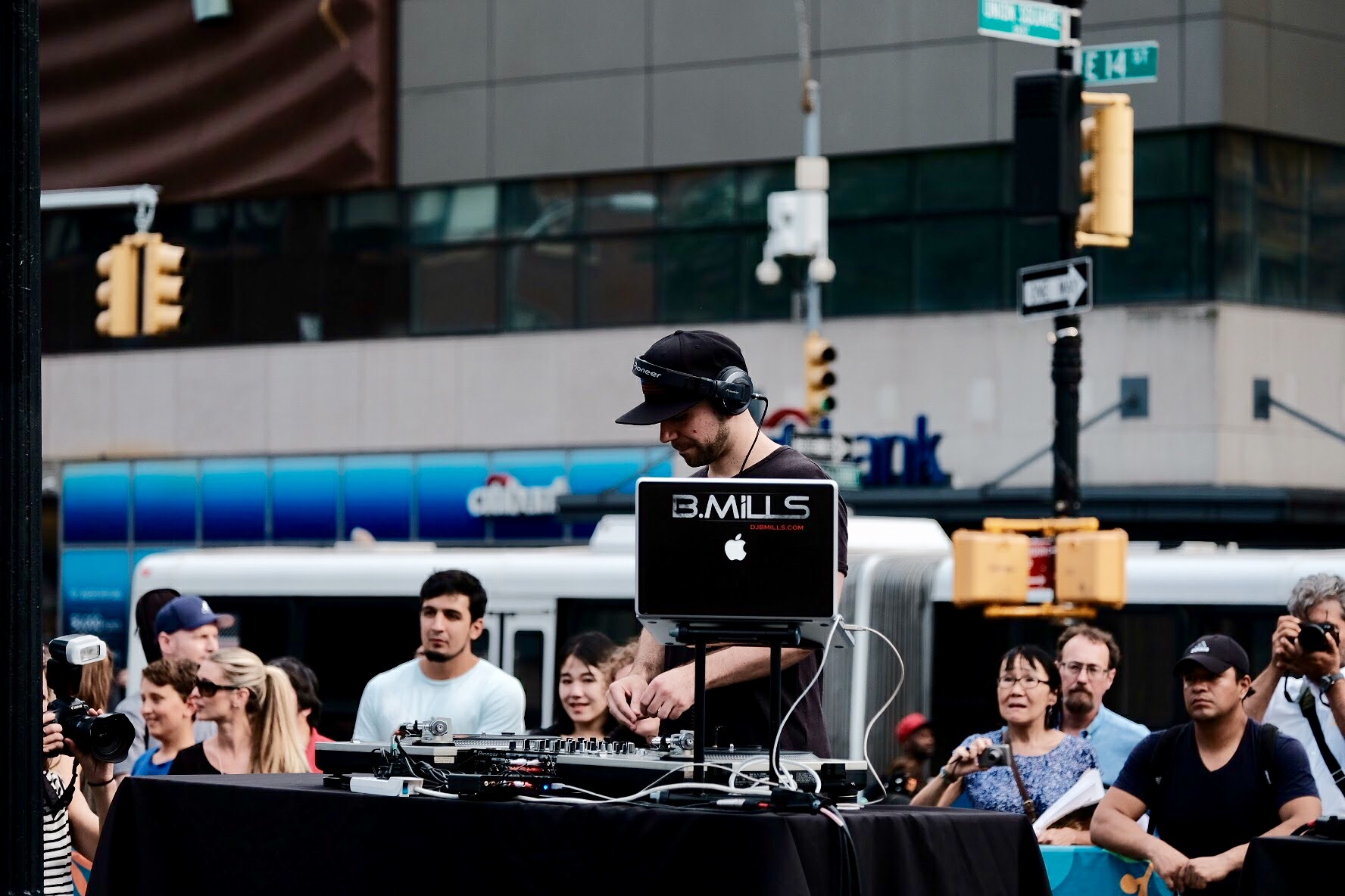 B.MILLS performing during the Citi Summer in the Square DJ battle in Union Square during New York City rush hour